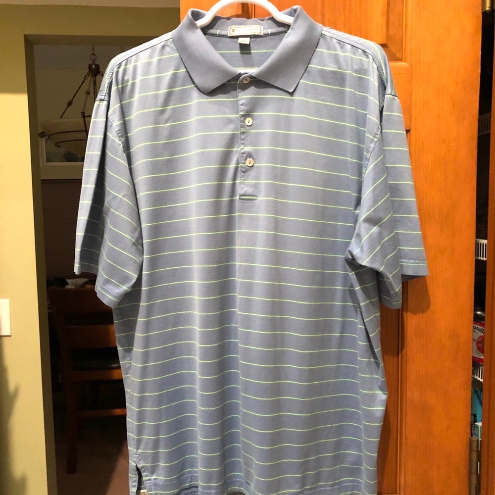 Lrg Peter Millar Polo Steel Blue W/Lime Stripes